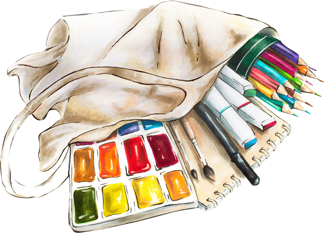 Art supplies paint, colored pencils, brush and sketchbook
